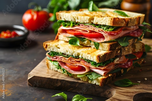 Italian chopped sandwich, served on a rustic wooden board. Layers of savory meats, cheeses, and fresh vegetables meticulously stacked between slices of crusty bread.
