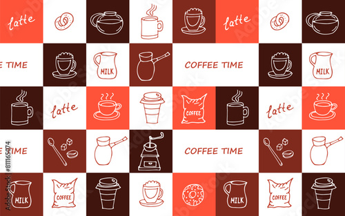 Vector seamless colored checkered pattern with hand drawn coffee accessories in cartoon style. Coffeeware in brown, red and white colors. Pattern for textile, wrapping paper with coffee accessories.