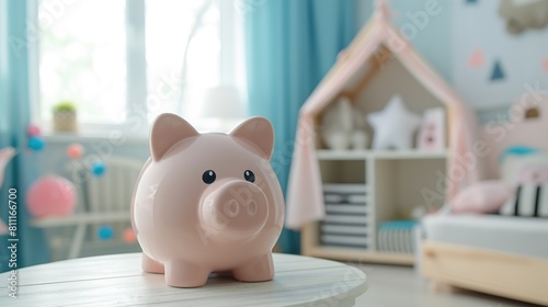 cute piggy bank with copy space nursery children's room background, cozy happy home interior, financial for kid concept, Generative Ai