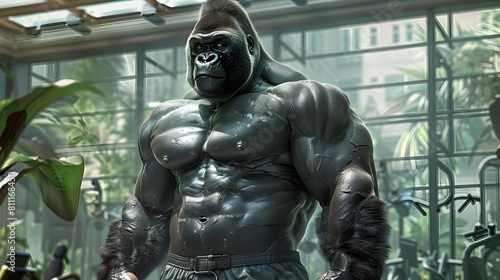 Surreal Portrait of Confident Silverback Gorilla Showcasing Powerful Physique in Sleek Athletic Wear at Advanced Fitness Center with Panoramic Window