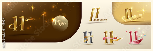 11th anniversary logotype modern gold number with shiny ribbon. alternative logo number Golden anniversary celebration