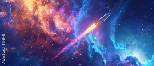 A 3D renderRocket gliding through a dreamy cosmic nebula with vibrant color trails