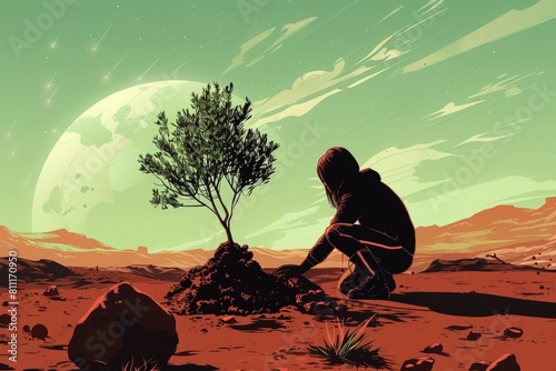A man kneeling down next to a tree in a desert. Suitable for environmental or survival themes