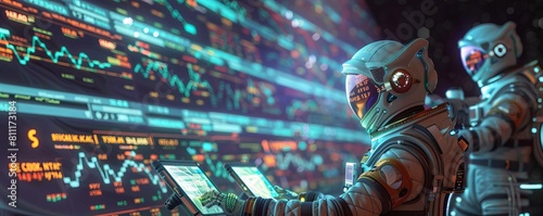 Two robot traders analyzing financial data to make profitable trades in the cryptocurrency market.