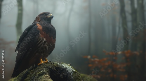 hawk in nature habitat, spring forest with misty fog, Generative Ai