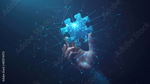 Abstract hand-holding jigsaw puzzle hologram in futuristic light blue style, generative Ai