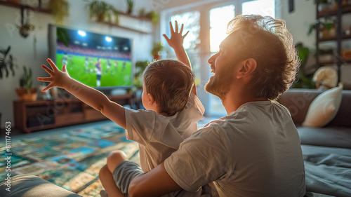 father and a young son watching a football match on TV, completely immersed in the atmosphere of the game and raising their hands high in the air during the decisive moment
