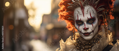 Sinister person in a jester costume. In the style of a panoramic horror movie still. Set in New Orleans during Mardi Gras. Backlit sunset and unsettling street environment.