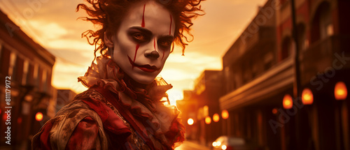 Sinister person in a jester costume. In the style of a panoramic horror movie still. Set in New Orleans during Mardi Gras. Backlit sunset and unsettling street environment.