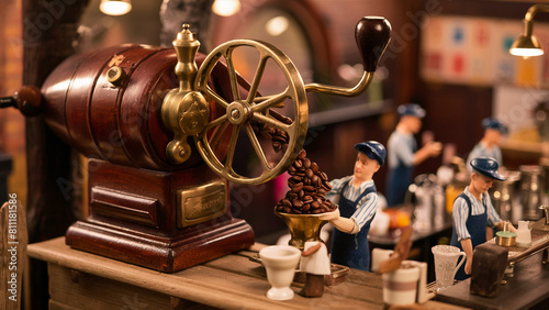 A miniature set-up featuring a vintage coffee grinder with a spinning wheel. The focus is on a model worker arranging cups into a pyramid formation. In the backdrop, additional miniatures are eng...