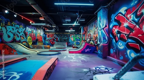 A parkour academy with urban-style obstacles, foam pits for safety, and walls decorated with graffiti art.