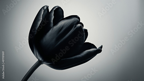 A single tulip, prominently displayed with its dark, silky petals, is captured in intricate detail against a soft gray background. The image precisely emphasizes the elegant curves and delicate t...