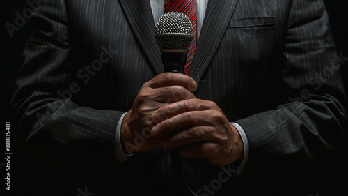 A politician's hand holds a microphone to give a speech.