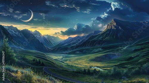 Picture a stunning mountainous terrain with a meandering asphalt road cutting through the valley overlooked by the sun and moon painting the sky This scene embodies the concept of the chang
