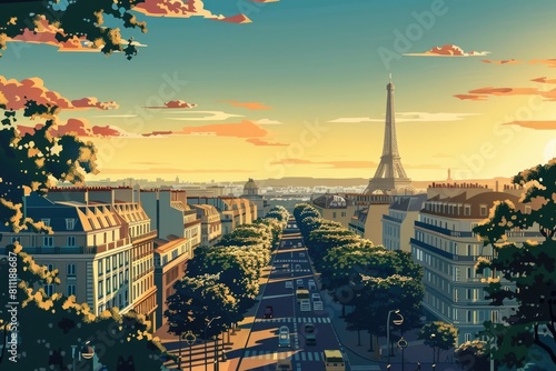 A scenic view of the Eiffel Tower from a hilltop. Perfect for travel websites or blogs