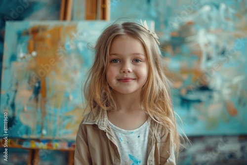 Portrait of a little girl artist painting on a big canvas in a bright workshop. Cute child uses oil paints to create abstract paintings.