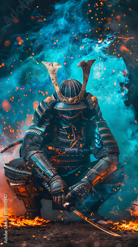 Dramatic and insanely coloured photograph of sitting samurai.