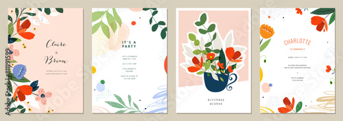 Floral abstract art templates. For wedding invitation, birthday and Mothers Day cards, flyer, poster, banner, brochure, menu, email header, post in social networks, advertising, events and page cover.