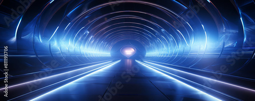 Compose a hightech tunnel visual with smooth, reflective surfaces and intense neon accents, emphasizing clarity and the absence of blur or smudges.