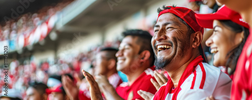 Peruvian football soccer fans in a stadium supporting the national team, La Blanquirroja 