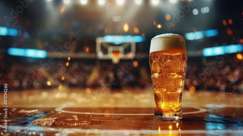 A close up of a glass of beer sitting on a basketball court with the hoop in the background.