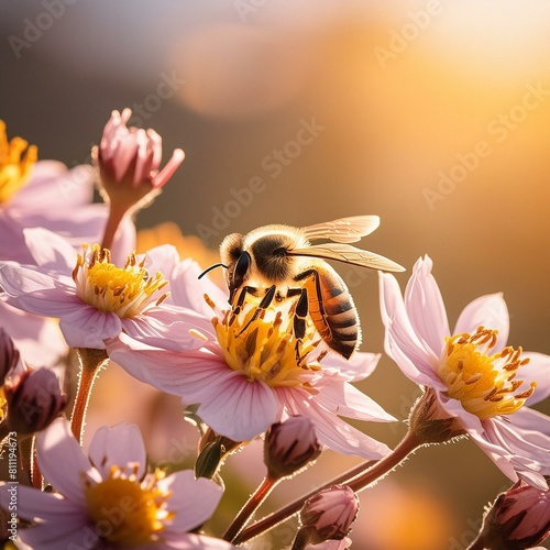 Sunny weather, bee sitting on a blooming flower 화창한 날씨, 활짝 핀 꽃 위에 앉아 있는 꿀벌