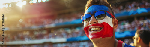 Paraguayan football soccer fans in a stadium supporting the national team, Face painted in flag colors, Los Guaranies 
