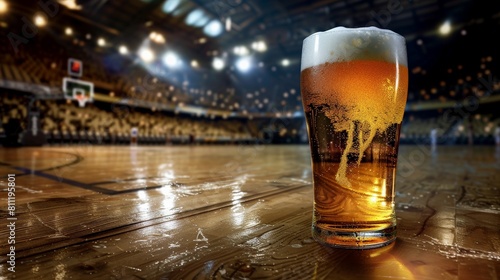 A close up of a glass of beer on a basketball court.