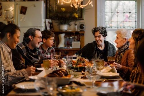Group of People Sitting Around Dinner Table, A festive gathering with extended family members enjoying each other's company and lively conversation