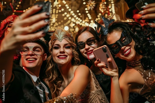 Group of People Taking Pictures With Cell Phones, A festive group of partygoers dressed in costume, posing for a selfie at a masquerade ball