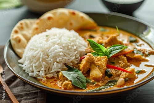 Plate of Delicious Rice and Meat Dish, A flavorful plate of massaman curry served with a side of fluffy jasmine rice and crunchy papadum