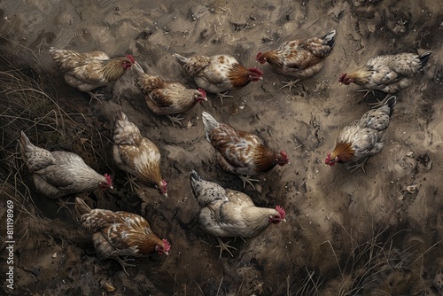 A flock of chickens standing on a dirt field, pecking at the ground for food, A flock of chickens pecking at the ground for food