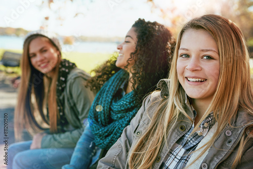 Portrait, smile and teen group with autumn, forest and nature for college break and bonding. Friends, park and diversity with people, gen z and Canada vacation or university holiday together in woods