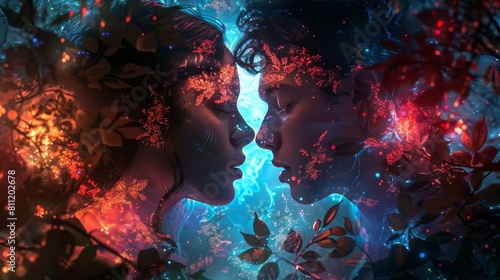 The image shows a man and a woman, their faces close together