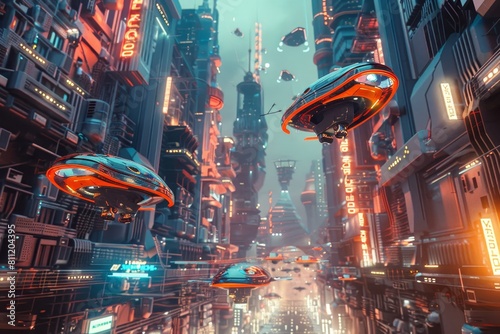 A bustling futuristic city filled with tall buildings and flying cars, A futuristic city skyline bustling with flying cars and neon lights