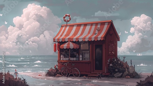 A colorful 3D handmadestyle beach cruiser parked next to a charming concession stand, capturing the essence of a beach getaway
