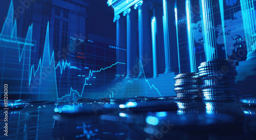 modern stock market background with blue trading chart, stack of coins and graphs on right side and bank building