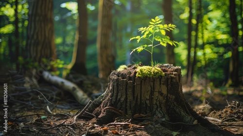 A vibrant young tree growing out of an old, rugged tree stump, highlighted in a natural forest environment, representing hope and new beginnings