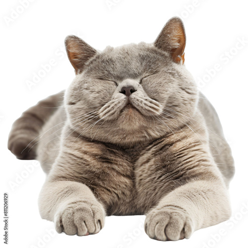 British cat stretching relaxed and content die cut PNG style sharply isolated on white and transparent background