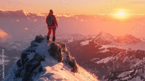 A Mountain Climber standing on top of a mountain looking at the horizon on a snowy landscape at sunset . Mountain Climber Conquering the Summit at Sunset hyper realistic 