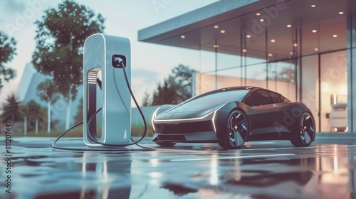A progressive concept for a car and electric vehicle charging station powered by clean energy with zero CO2 emissions. Electric vehicle charging point. ai generative hyper realistic 