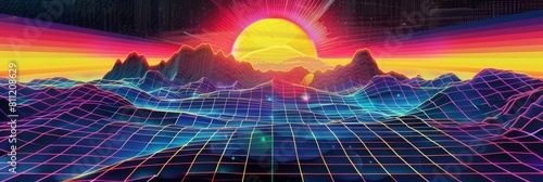 This 80s style grid background comes alive with a chrome grid and prismatic rainbow gradient sun on top. The shining sun casts a warm glow on the grid lines, creating a synthwave and atmosphere. The