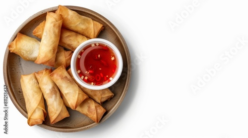 Collection plate of spring rolls with dipping sauce isolated on a transparent background, top view hyper realistic 