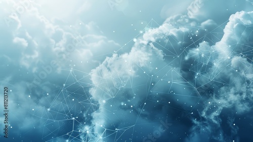 Artistic rendering of cloud computing infrastructure in icy blues and soft grays, minimal style with abstract geometric clouds and connecting lines, ideal for digital wallpapers and tech presentations