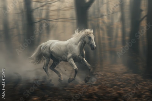 A white horse running through a misty forest filled with fog, A ghostly horse galloping through a foggy forest, its hooves barely touching the ground
