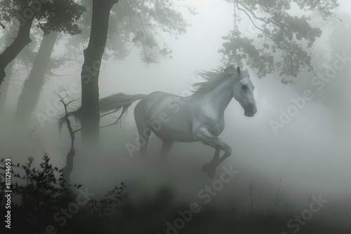 A white horse running through a foggy forest, A ghostly horse galloping through a foggy forest, its hooves barely touching the ground