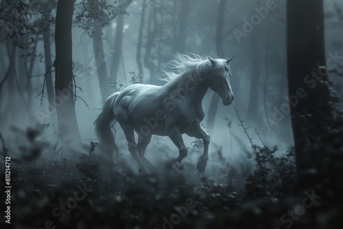 A horse galloping through a misty forest, creating an eerie and mysterious scene, A ghostly horse galloping through a foggy forest, its hooves barely touching the ground