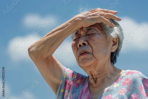 炎天下の暑さで熱中症になりそうな高齢の日本人女性（真夏日・猛暑・脱水・日射病・酷暑・シニア）