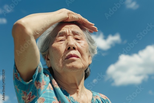 炎天下の暑さで熱中症になりそうな高齢の日本人女性（真夏日・猛暑・脱水・日射病・酷暑・シニア）