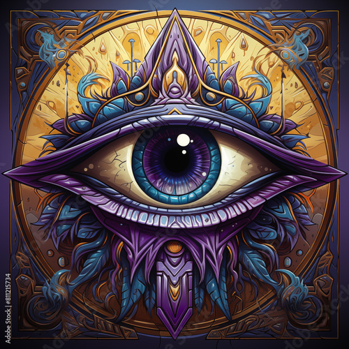 purple and blue eye with ornate design on a purple background